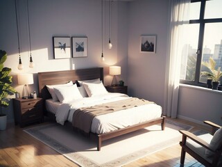 A modern bedroom with a large bed, hanging pendant lights, and framed pictures on the wall.