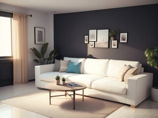 Fototapeta premium Modern living room with a white sofa, dark accent wall, and wooden coffee table, decorated with framed pictures and plants.