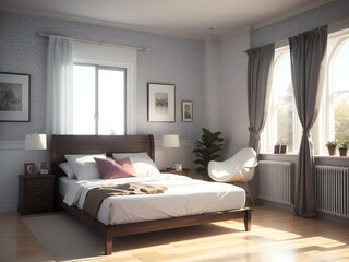 A modern bedroom with a large bed, stylish chair, and natural light from large windows.
