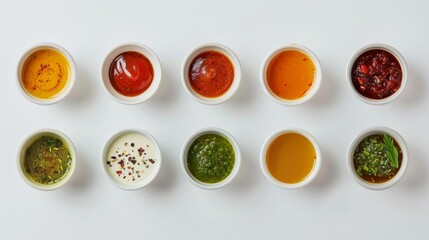 Set of different sauces in bowls on white background. Top view