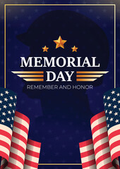 Memorial Day Banner Vector illustration, USA flag waving with stars on dark background.