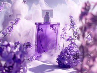 Obraz na płótnie Canvas A bottle of purple perfume, front view center of the screen, close-up, next to some flowers entwined, behind some white and purple smoke.