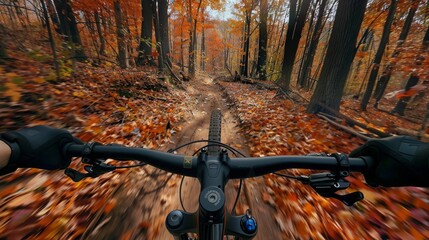 Cycling through temperate broadleaf and mixed forest on a woodland trail - obrazy, fototapety, plakaty
