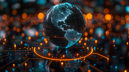 The digital world is centered on the USA, the concept of a global network and connectivity on Earth, data transfer and cyber technology, information exchange, and international telecommunication - obrazy, fototapety, plakaty