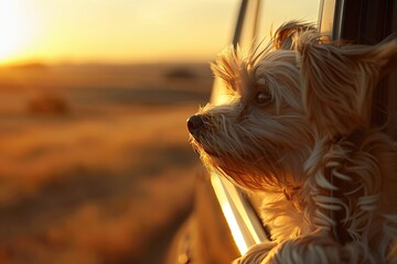 Pequeño Yorkshire Terrier asomando la cabeza por la ventana del coche, contemplando la puesta de sol
