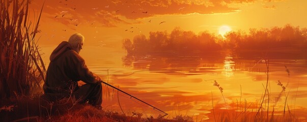 An old man is sitting on the edge of a lake and fishing. The sun is setting and the sky is a bright orange. The water is calm and still. The old man is wearing a hat and a long coat. He has a fishing - Powered by Adobe