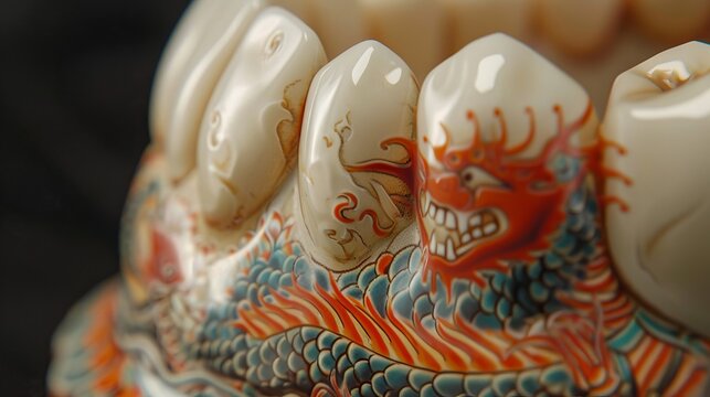 Ceramic dental crowns of the upper jaw with a dragon pattern applied on them, closeup