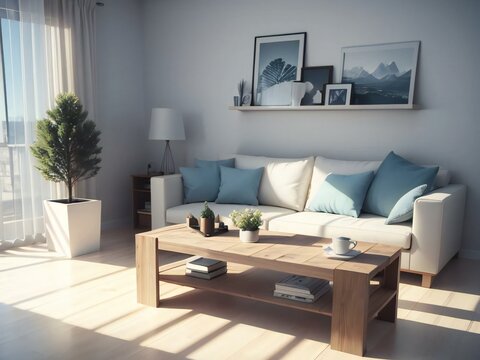 Modern living room with a white sofa, blue cushions, wooden coffee table, and framed pictures on the wall.