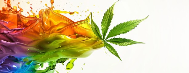 Cannabis leaf on white backdrop, spectrum of rainbow hues converging into green of marijuana plant. Advocating for legal acceptance of reefer, pot. Banner for actual social drug societal discussion.