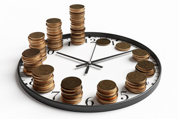 Stacks of gold coins in the manner of rising height between hours of a black and white round clock. Illustration of the concept of capital accumulation, growth in wealth and compound interest