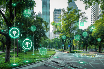 A smart city park with IoT sensors monitoring air quality, noise levels, and park usage.