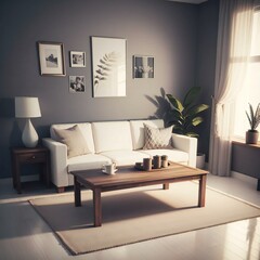 A cozy living room with a white sofa, wooden coffee table, and decorative plants, illuminated by soft natural light.
