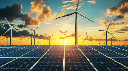 solar panels with wind turbines against a sunset, - obrazy, fototapety, plakaty