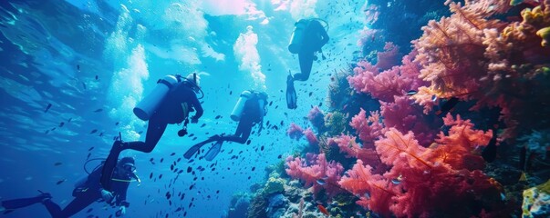 Four scuba divers explore a coral reef.