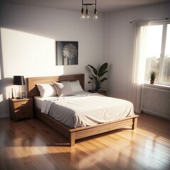 A modern bedroom with a large bed, wooden floor, and a plant by the window, illuminated by natural sunlight.