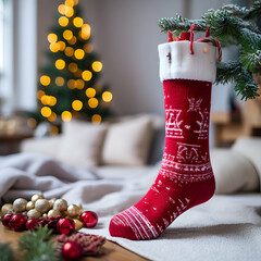 beautiful photo of a decorative christmas sock with bokeh lights background. generative ai