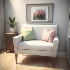 A cozy living room corner featuring a white sofa with colorful cushions, a wooden side table, and a framed floral painting on the wall.
