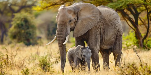 A mother elephant and her baby are walking through a grassy field
