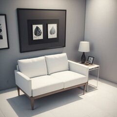 Modern living room interior with a white sofa, framed botanical art, and stylish decor on a side table.