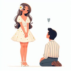 A young man stands on knees and proposes to a girl. Wedding. Love. Flat style
