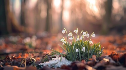 Snowdrops in the woods with a blurred backdrop - obrazy, fototapety, plakaty