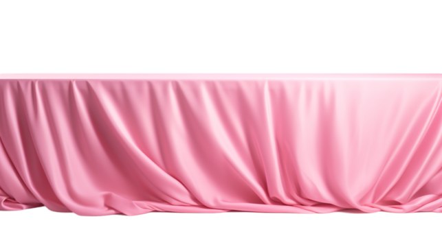 Empty pink silk fabric draped long table mockup on an isolated background