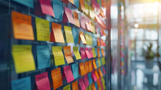 Post-it notes on a whiteboard tracking tasks and goals in Agile startup development