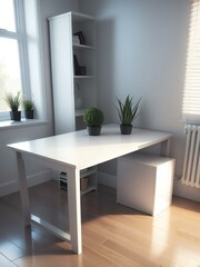 A minimalist home office setup featuring a white desk with three potted plants, positioned near a window with natural light.