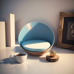 A modern spherical chair with a cushion, next to a coffee cup, a wooden stump with a geometric ornament, and a framed picture in a warmly lit room.