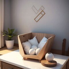 A cozy modern interior featuring a wooden cradle with pillows, a potted plant, and decorative items on a side table.