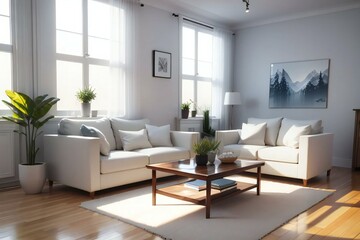 Naklejka na ściany i meble Bright and airy living room with modern white sofas, a wooden coffee table, and large windows letting in natural light.