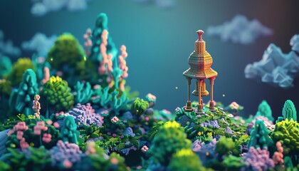 Immerse the viewer in a digital wonderland with vibrant pixel art, depicting a sprawling landscape where a whimsical 3D notification bell stands out, inviting interaction and evoking a sense of playfu