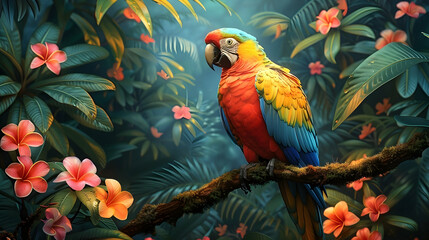 A colorful parrot perched on a flowering branch in the rainforest, its feathers vibrant against the lush green backdrop