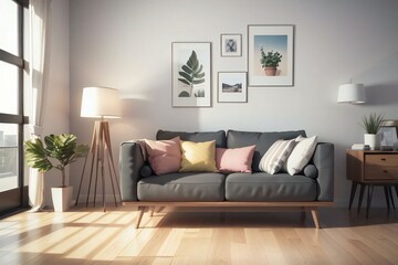 Modern living room with a gray sofa, colorful cushions, and stylish decor including framed wall art and indoor plants.