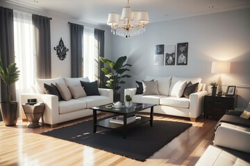 Fototapeta premium Elegant living room interior with white sofas, a glass coffee table, and decorative plants under a chandelier.
