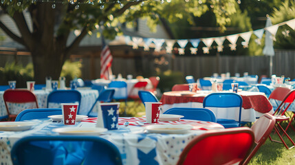 Fototapeta na wymiar An outdoor breakfast for veterans, with tables decorated in red, white, and blue, 