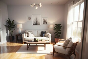 A cozy and stylish living room bathed in natural sunlight, featuring a white sofa, armchair, and wooden coffee table, surrounded by indoor plants and modern decor.