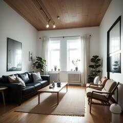 A cozy and stylish living room with wooden floors and ceiling, featuring a black leather sofa, wooden coffee table, and modern decor.