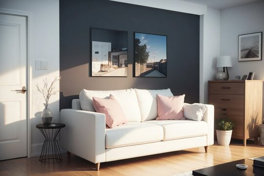 Modern living room with a white sofa, pink cushions, and framed pictures on a gray wall.