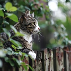 Naklejka na ściany i meble A cat perched on a garden fence, observing its surroundings intently, with green foliage enhancing the natural outdoor setting.