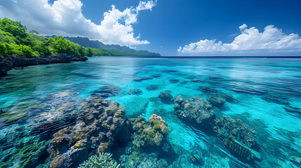 A coral atoll from above, the rich blues of the deep ocean contrasting with the bright turquoise of the shallow waters inside the reef