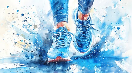 Sports shoes, bright blue, watercolor, direct front view, dynamic motion depicted - obrazy, fototapety, plakaty