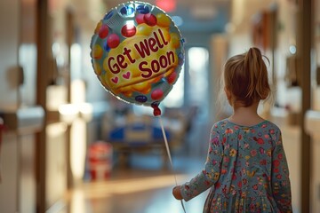 A young girl stands in a hospital corridor, holding a Get Well Soon balloon, symbolizing hope and care - Powered by Adobe