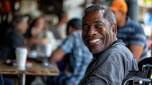 Happy African American disabled man is sitting in a wheelchair at cafe with friends and family. Fun guy sit in wheel chair at coffee shop and smiling.