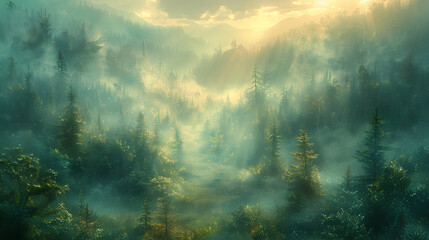 A dense, misty forest at dawn, the trees shrouded in fog, creating a mysterious and ethereal landscape - Powered by Adobe