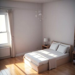 A minimalist bedroom with a double bed, wooden floor, and soft natural light filtering through a window.