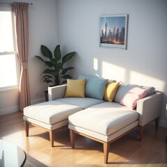 A modern living room with a white sectional sofa adorned with colorful pillows, a large plant, and a cityscape painting on the wall.