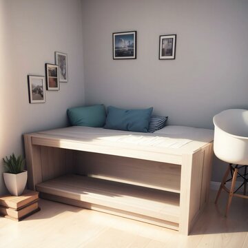 A modern minimalist bedroom with a wooden bed featuring storage underneath, a white chair, and framed pictures on the wall.