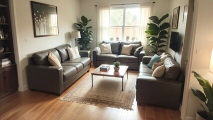 A cozy living room with two gray sofas, a wooden coffee table, and lush green plants by the windows.