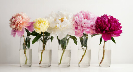 Colorful peony flowers in individual clear glass vases.